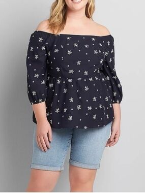 Lane Bryant Navy Off-Shoulder Floral Peasant Blouse